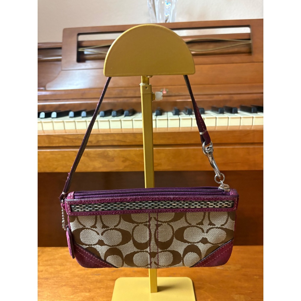 Coach Signature Jacquard Wristlet Purse Khaki Brown‎ Purple Suede Y2K Bag
